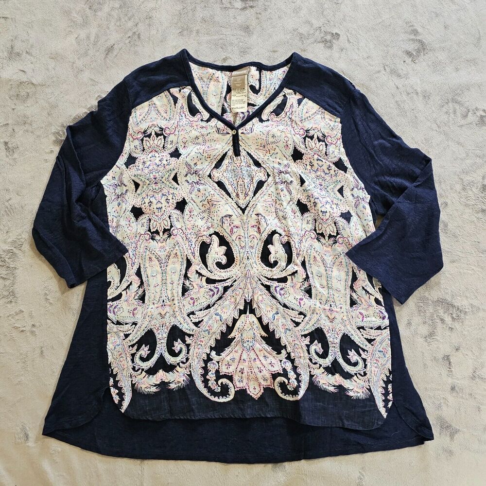 Chicos Top Shirt 2 Womens Large Petite Blue Linen Paisley 3/4 Sleeve Career